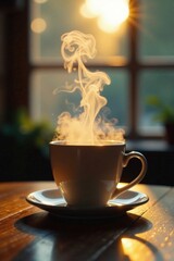 Steam rises from a cup, misty atmosphere, warm tones, atmospheric, steam, coffee