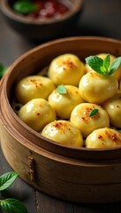 Steamed gnocchi in woven basket, italian, dinner, plate