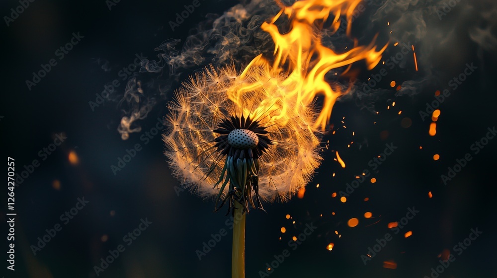 Poster surreal image of dandelion infested by fiery flames and sparks