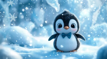 Naklejka premium Cute Baby Penguin in Snow