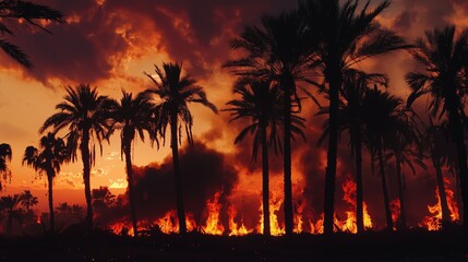 Powerful Sunset with Burning Palm Trees Silhouetted Against Sky