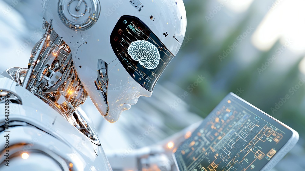 Poster futuristic robot ai advanced technology digital brain holographic interface lab settin