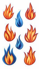 Flames collection in red, orange, blue on isolated background, for design elements generative AI
