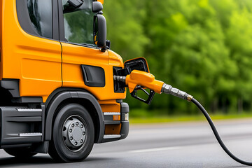 Orange Truck Fueling Up at Gas Station on Road with Green Trees for Transportation generative AI