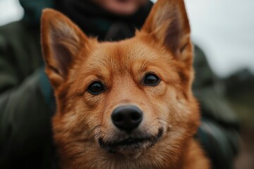 Obraz premium Finnish Spitz Dog portrait, held by owner in nature, for pet care, lifestyle