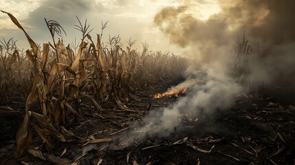 Haunting Scene of Dried Cornfield Consumed by Flames and Smoke