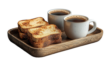 Delicious breakfast tray with toasted bread and coffee cups