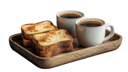 Delicious breakfast tray with toasted bread and coffee cups