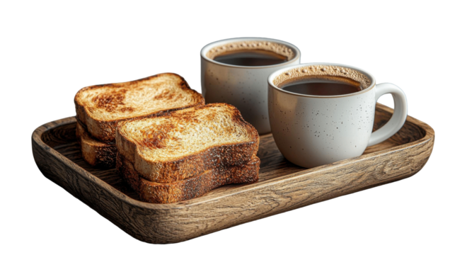 Delicious breakfast tray with toasted bread and coffee cups