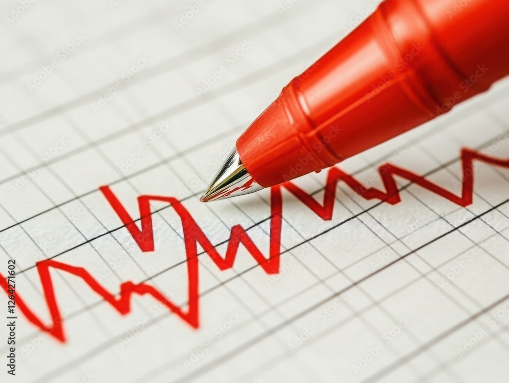 Aufkleber close-up of a red pen tapping on a chart with fluctuating red line graph showing financial trends an
