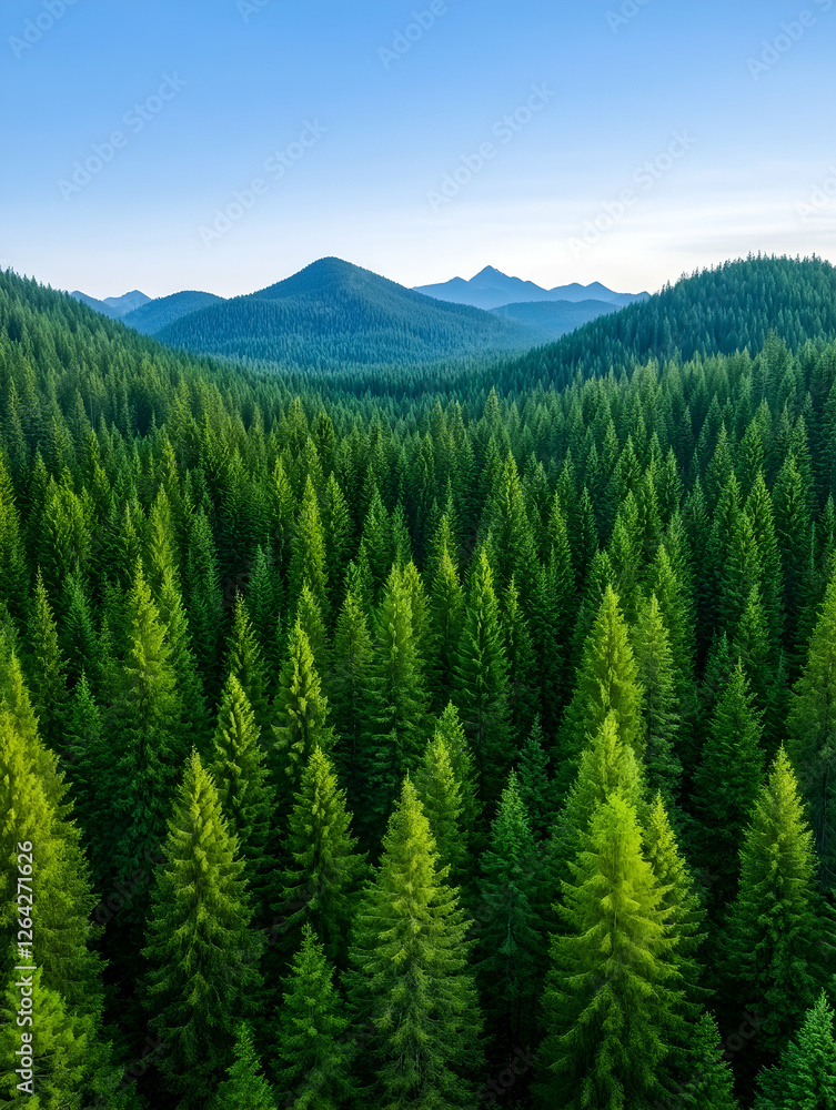 Poster forest landscape aerial view with mountain range background for wallpaper and design generative ai