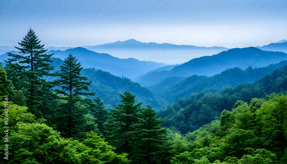 Aufkleber forest landscape with misty mountains; trees in foreground; nature background generative ai