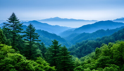 Obraz premium Forest landscape with misty mountains; trees in foreground; nature background generative AI