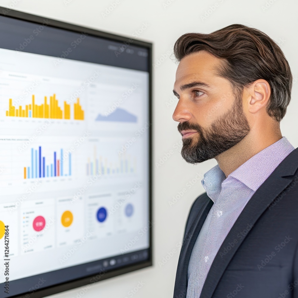 Poster professional business man analyzing data trends in modern office with digital screens, focusing on c