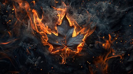 Single Burning Leaf Surrounded by Flames and Smoke in Dramatic Scene