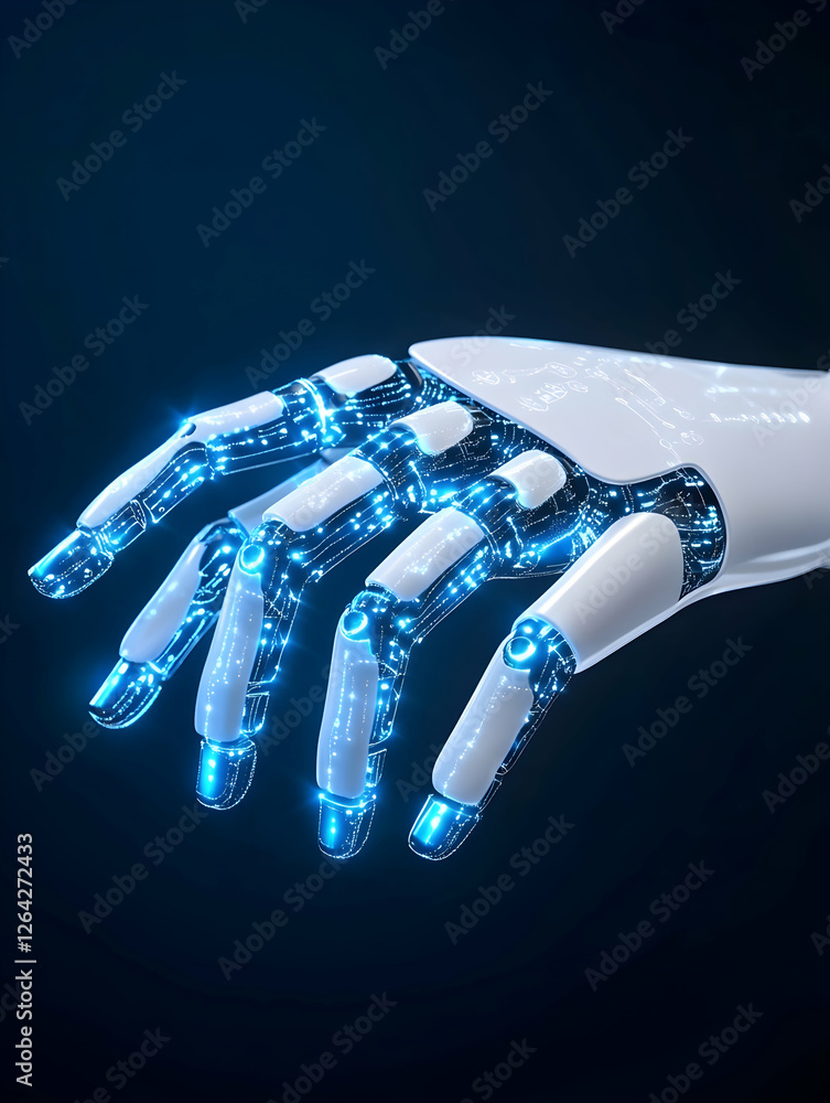 Poster futuristic cybernetic robot hand with lights on, technology concept for presentation generative ai