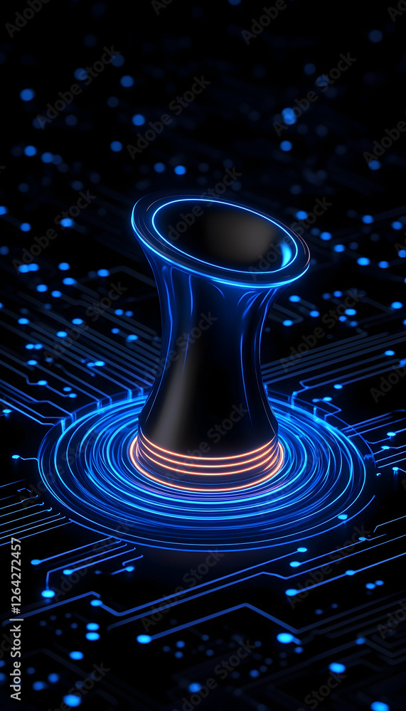 Poster futuristic device in blue light on a digital circuit background for technologies generative ai
