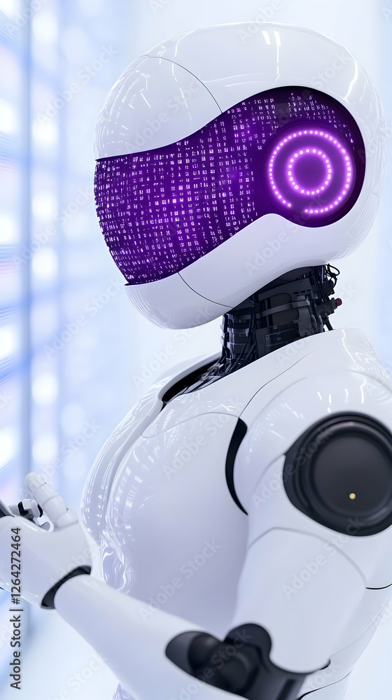 Poster futuristic female humanoid robot stands in blurred data center. technology concept generative ai