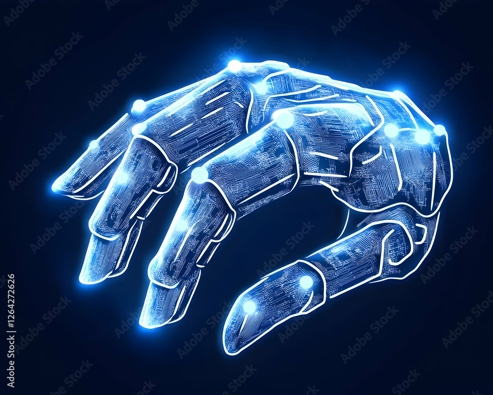 Poster futuristic robot hand with glowing lights representing technology on a dark background generative ai