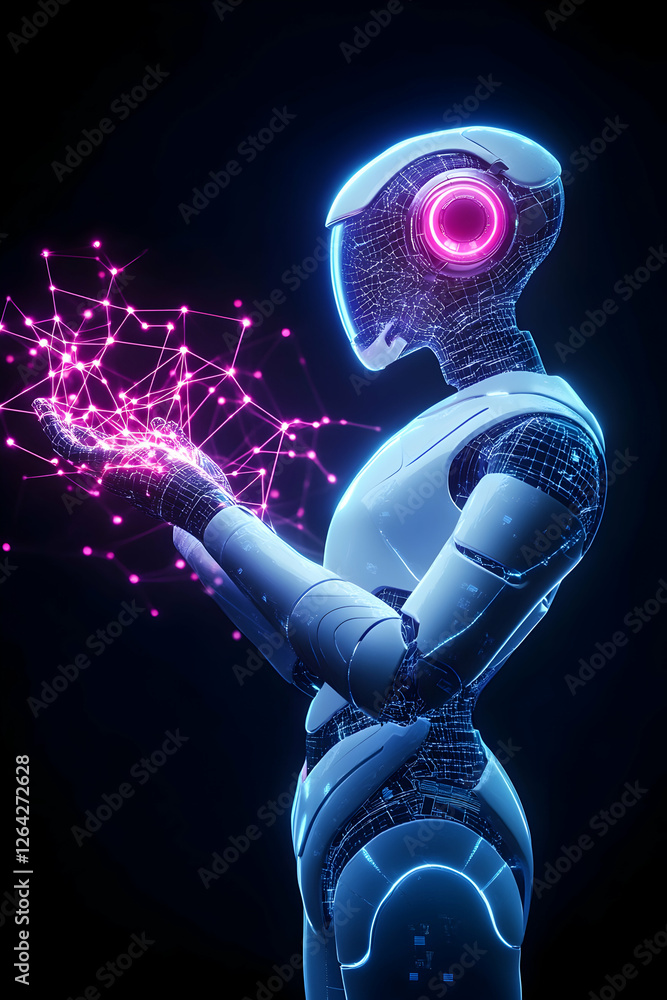 Poster futuristic robot touching a network connection on a dark background for technology generative ai