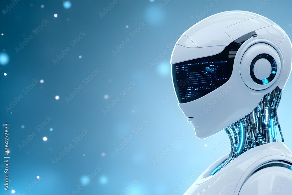 Poster futuristic robot head profile on blue bokeh, showcasing ai or high-tech concepts generative ai