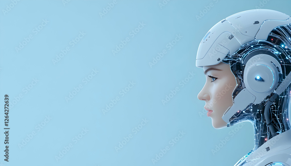 Aufkleber futuristic robot woman with open head in digital world for hi-tech concept generative ai