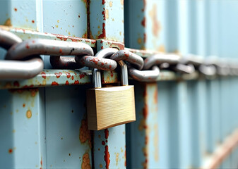 A weathered gate secured by a sturdy padlock and chain, hinting at forgotten stories and quiet resilience. 