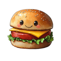 Cute smiling burger with cheese, lettuce, and tomato