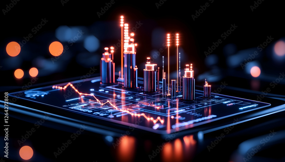 Poster futuristic tech displays stock chart with glowing city lights on a screen generative ai