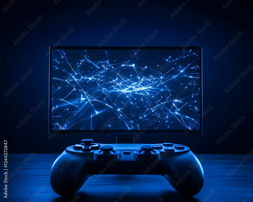 Poster gaming setup with controller and network graphics on screen for entertainment generative ai