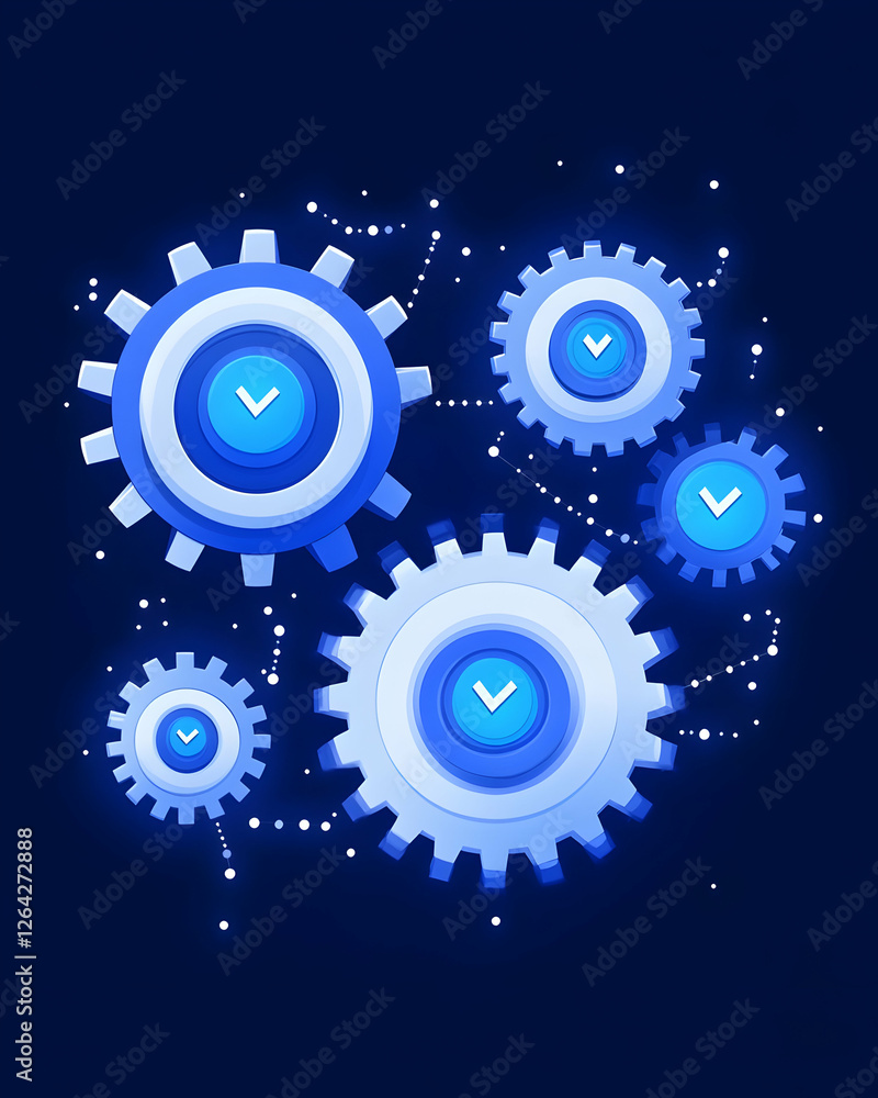 Poster gear wheels turning in synchrony with dots connecting them on a blue background generative ai