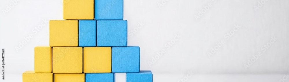 Poster colorful building blocks arranged in a creative pattern on a clean white background promoting educat
