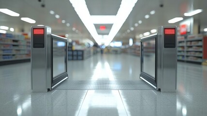 Modern Entrance Gates in Brightly Lit Shopping Aisle