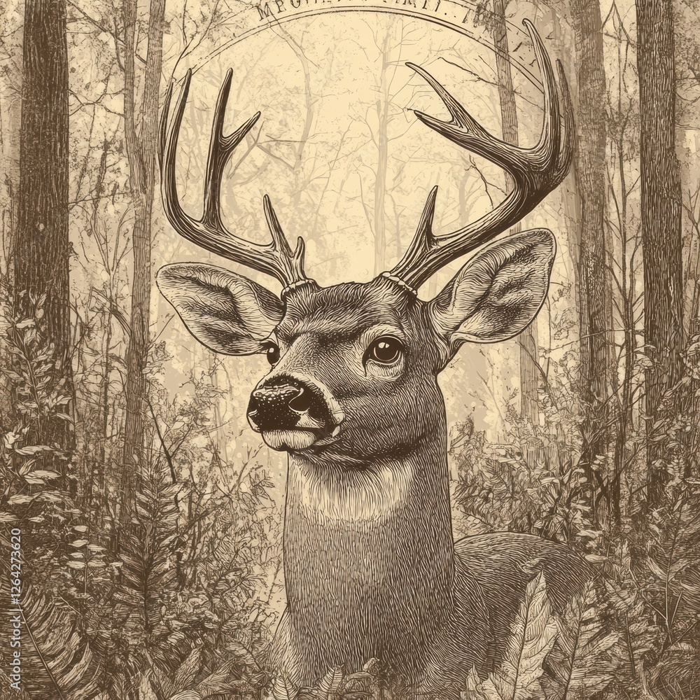 Leinwandbilder Engraved deer portrait with intricate line work in sepia tones and ample space for personalized text. Generative AI