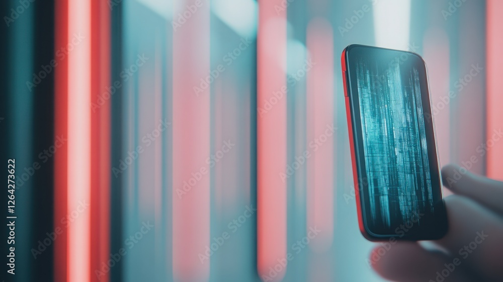 Aufkleber futuristic smartphone displaying data streams against vibrant neon lights in a high-tech environment