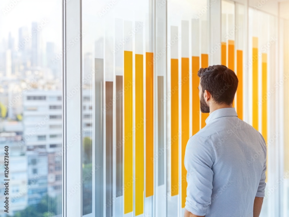 Poster man in light shirt standing by large windows overlooking cityscape with abstract colorful wall art r