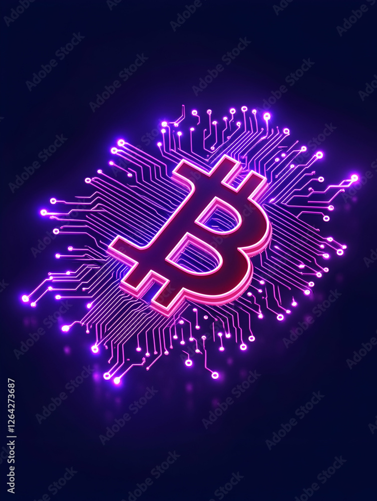 Poster glowing bitcoin symbol with circuit background. digital finance, investment use generative ai