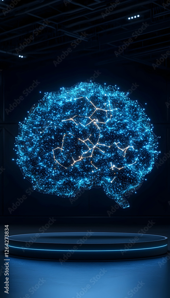 Poster glowing brain model on platform for technology presentation, futuristic concept generative ai