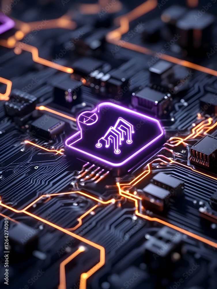Poster glowing chip on circuit board signifies data, technology, and processing power generative ai