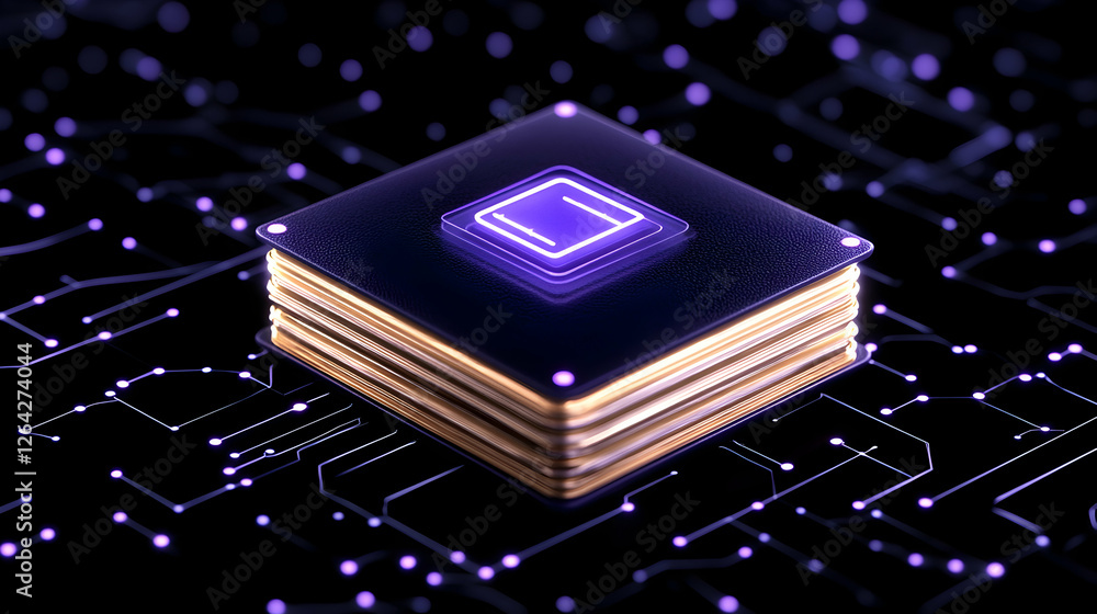 Poster glowing chip processing data on circuit board in dark background. concept use generative ai