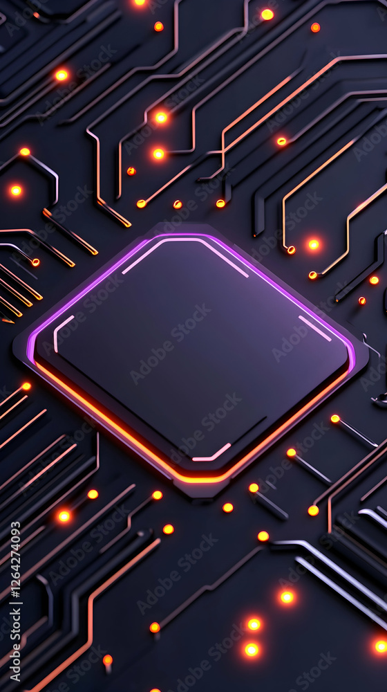 Poster glowing circuit board with square core, for futuristic tech or digital art generative ai
