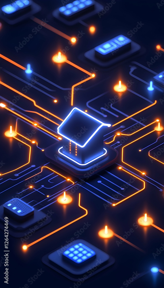 Poster glowing house icon on circuit board. data security concept for tech industry generative ai