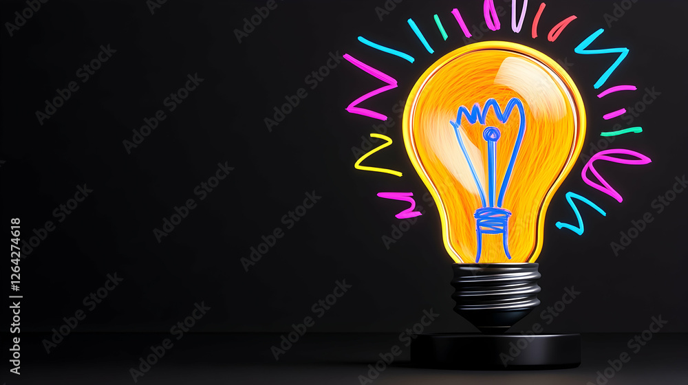 Aufkleber glowing light bulb idea with neon scribble, creative thinking background use generative ai