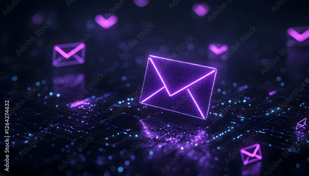Poster glowing mail symbols float over a circuit board, signaling digital communication generative ai