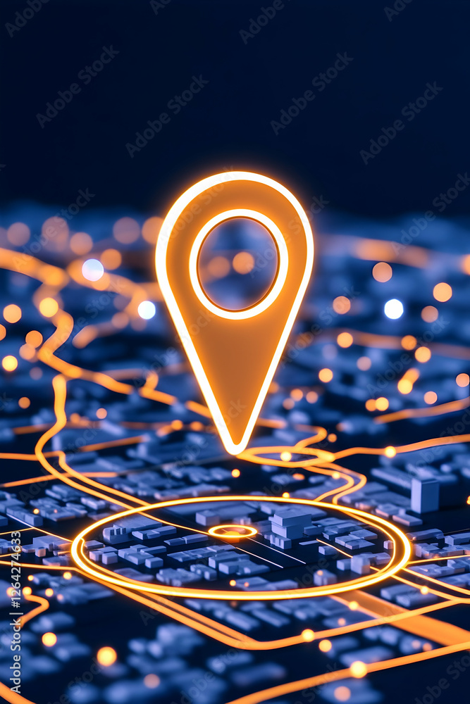 Poster glowing map pin above city for navigation. modern location tracking use generative ai