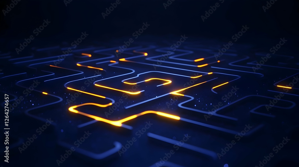 Poster glowing maze pattern on dark surface. concept for complexity and problem-solving generative ai
