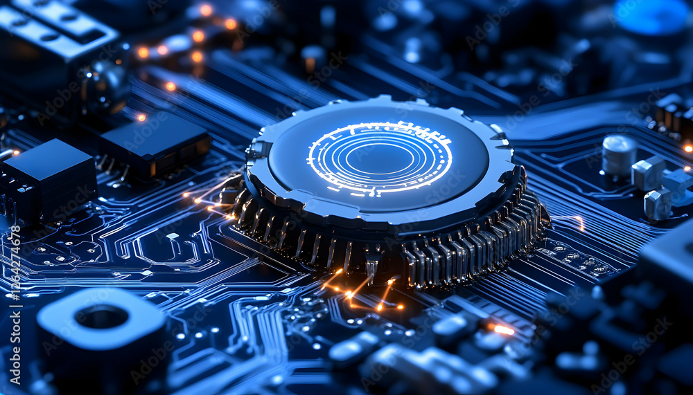 Poster glowing microchip in electronics, for technology development and circuit designs generative ai
