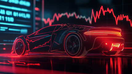 A car with red and orange neon lights on the sides is driving in front of an abstract background showing stock market charts