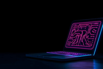 Glowing Neon Circuit on Laptop Screen Displaying Tech on a Table at Night generative AI