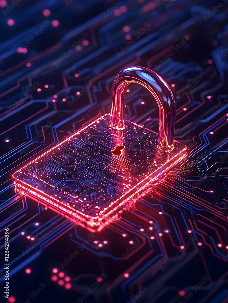 Poster glowing padlock resting on circuit board symbolizes digital security solutions generative ai